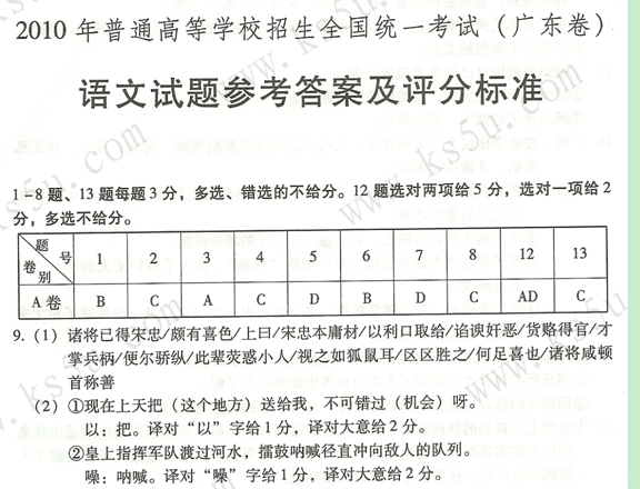 2010年高考试题--语文(广东卷)标准答案