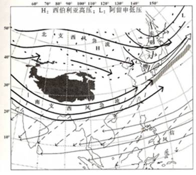 下图为我国及周边地区大气环流图,由于青藏高